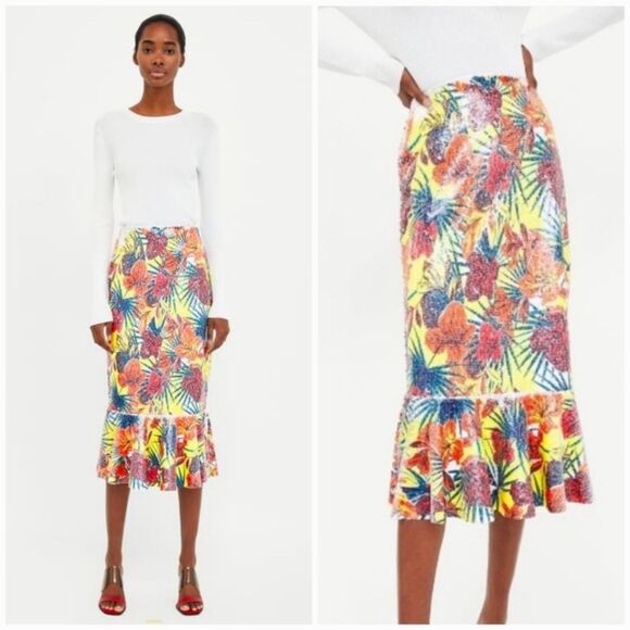 Zara Sequin Colorful Floral Tropical Fluted Mermaid Ruffled Tulip Midi Skirt S - Picture 1 of 16